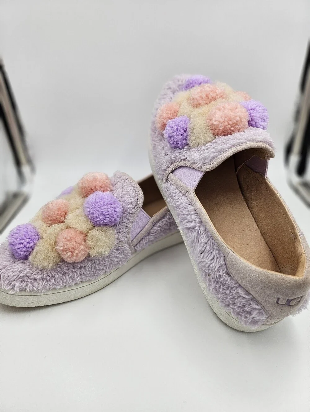 UGGS LAVENDER FOG RICCI FLUFF POM POM SLIP-ON SNEAKERS SHOES,ADULT SIZE US 9.5